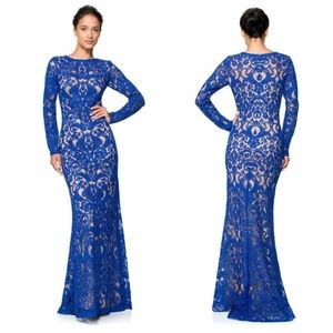 Tadashi Shoji Long-Sleeve Lace Overlay Gown Blue 2